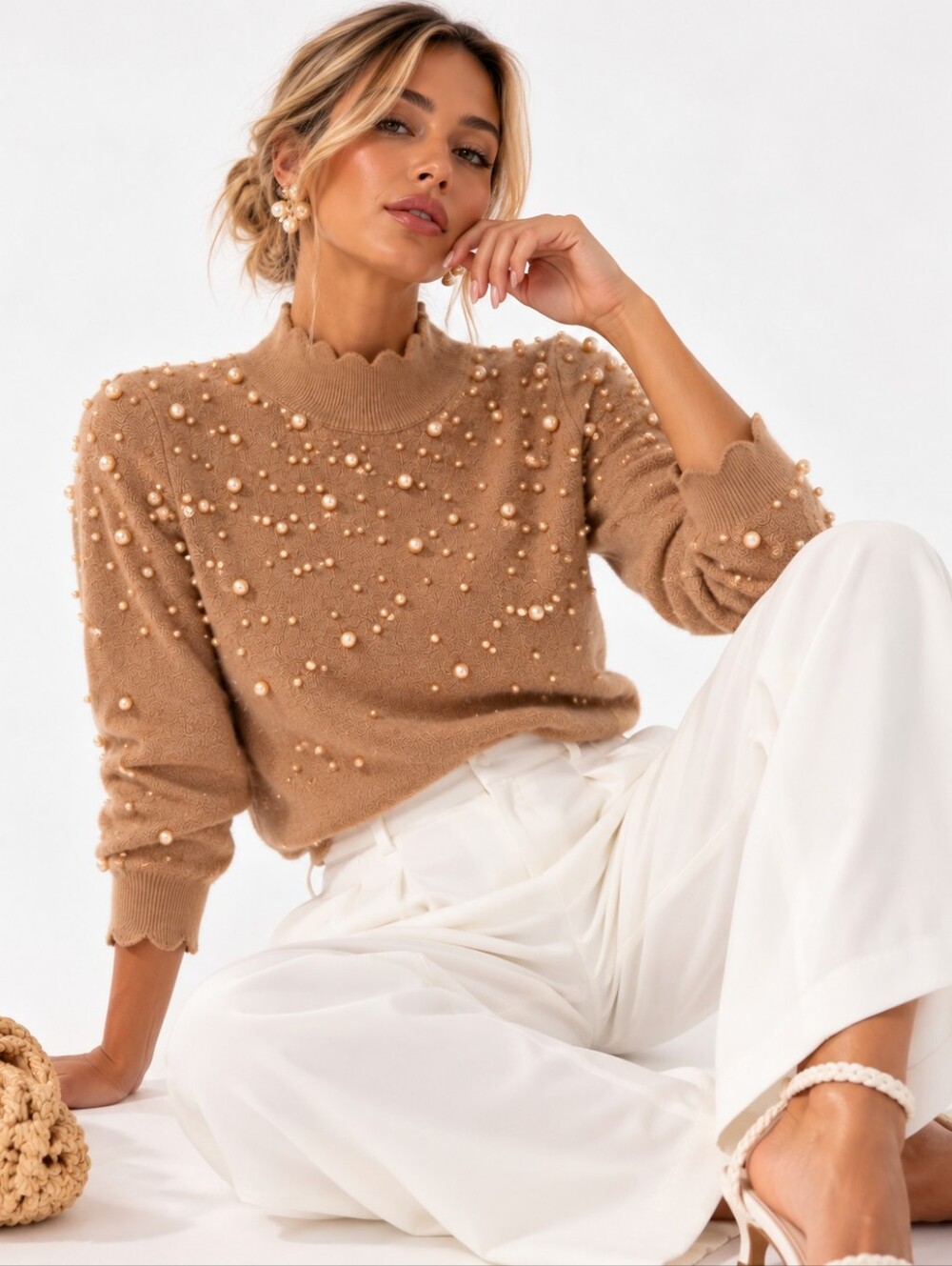 On Twelfth Pearl Embellished Scallop Mock Neck Sweater Tan Size M